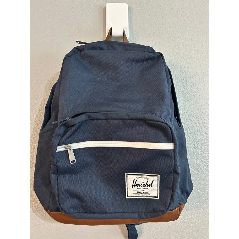 Herschel Supply Heritage Backpack Navy Blue Brown Leather Bottom School Bag 22L